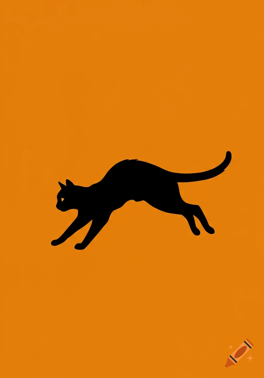A minimalist black cat silhouette stretching on an orange background.