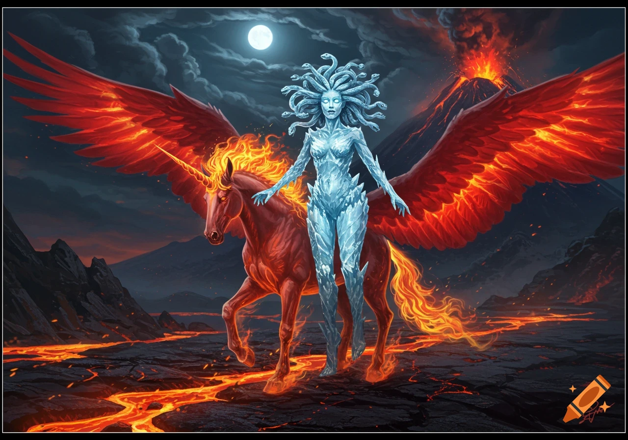 An ice Medusa with snake hair stands beside a fiery unicorn with large red wings on a volcanic landscape under a full moon.