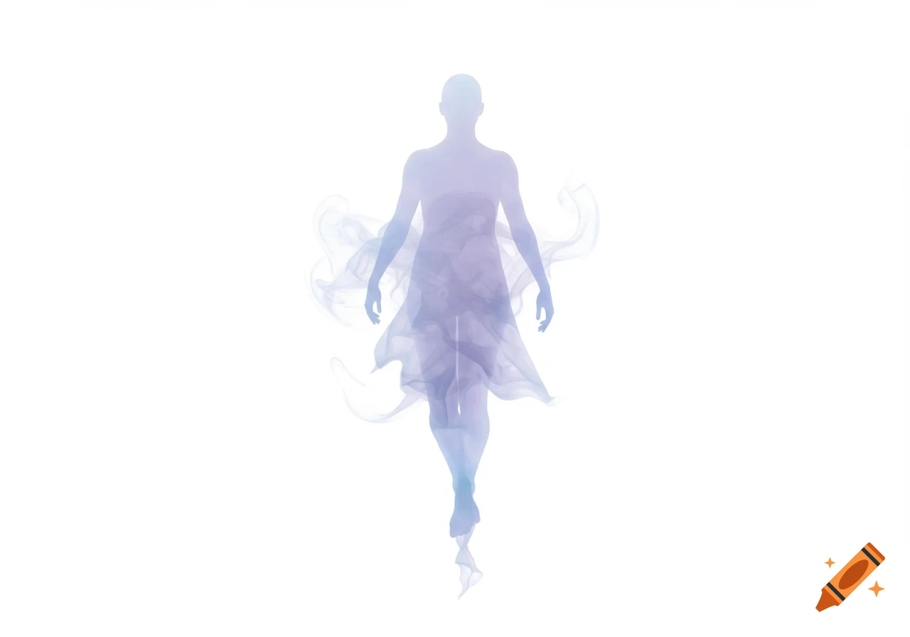 A translucent, gradient-colored silhouette of a person with wispy smoke effects against a white background.