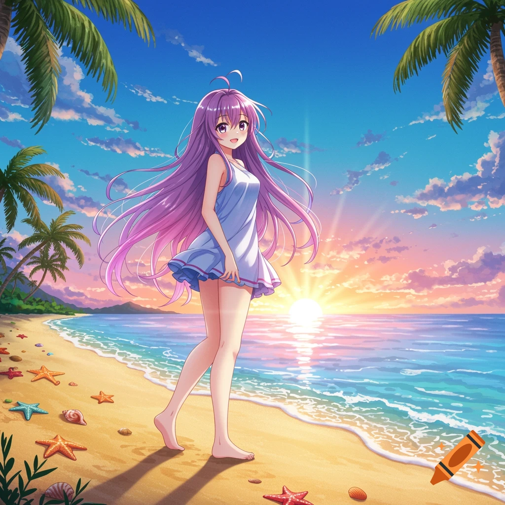 Anime girl with purple hair on a sunny beach at sunset with palm trees and starfish.