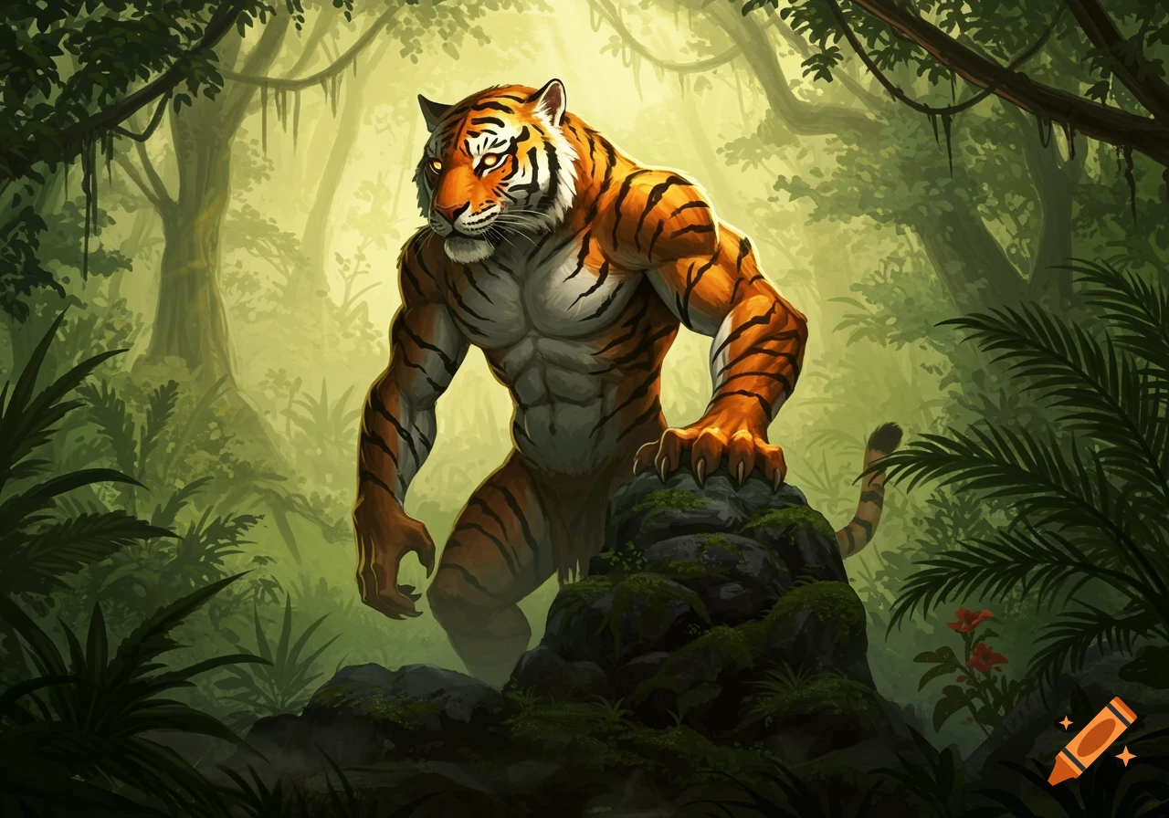 An anthropomorphic, muscular tiger stands on a mossy rock in a vibrant, sunlit jungle illustration.