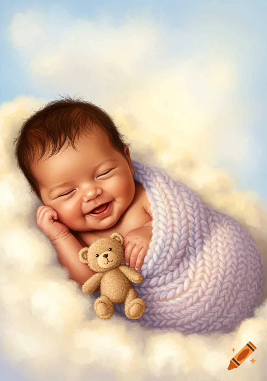 A happy baby wrapped in a lavender blanket, holding a teddy bear, smiling while sleeping on fluffy white clouds in an illustration.