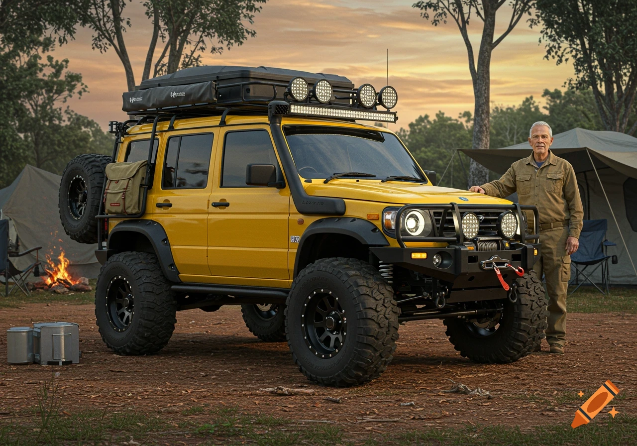 A man stands next to a yellow, heavily modified off-road SUV with a roof rack, rooftop tent, spotlights, and mud terrain tires at a campsite with a campfire and tents in the background at sunset. Photorealistic style.