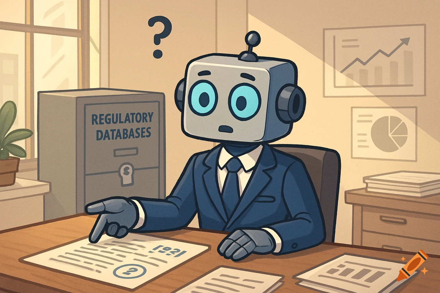 A cartoon robot in a business suit sits at a desk, pointing at papers with nonsensical citations and question marks. A filing cabinet labeled "Regulatory Databases" is behind it. Charts adorn the wall.
