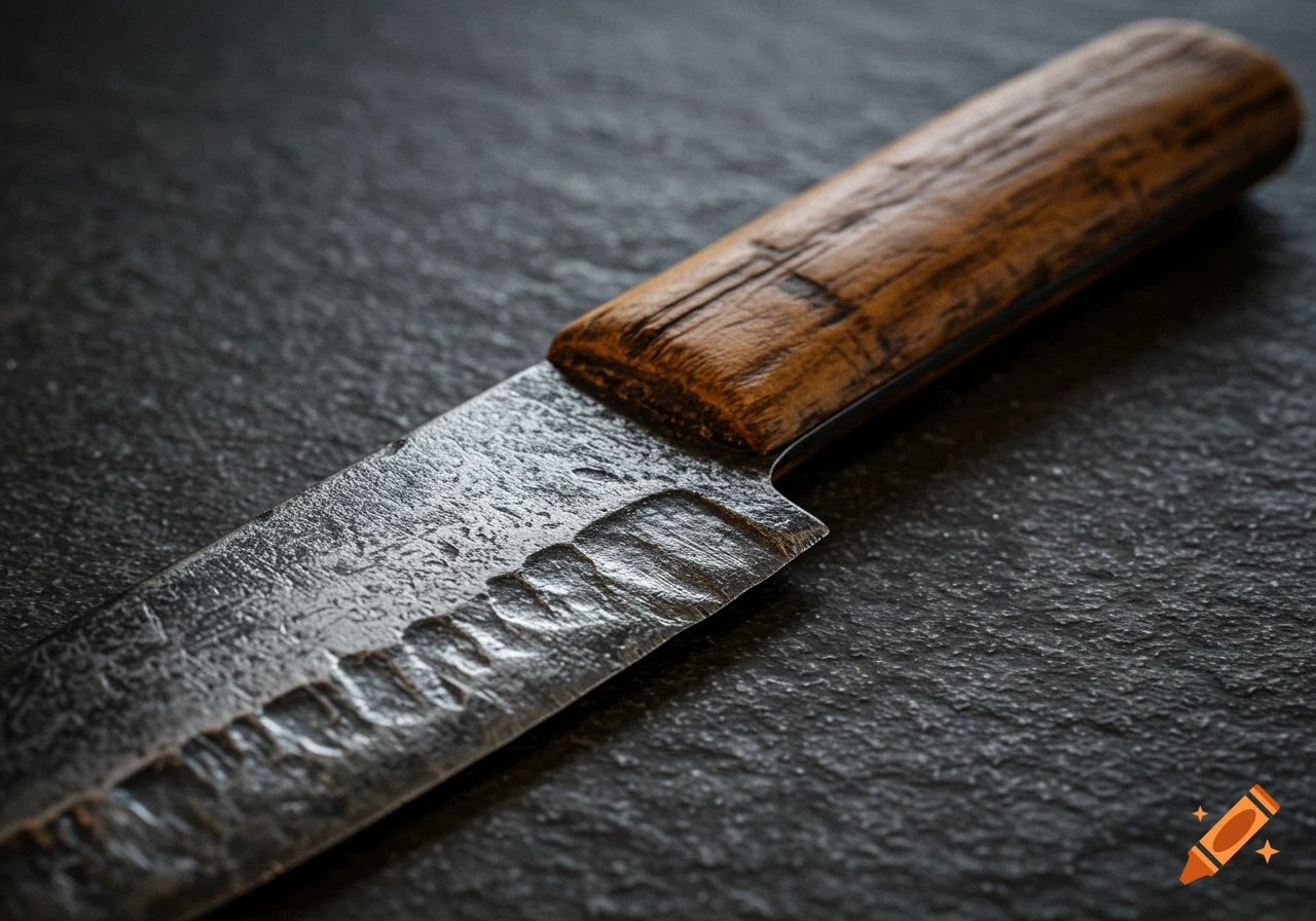 Close-up of a worn, textured knife with a wooden handle resting on a dark stone surface.