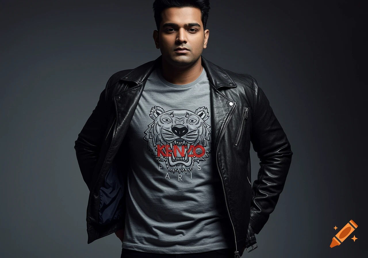 A man in a black leather jacket and a grey t-shirt with a tiger graphic and the word KENZO.