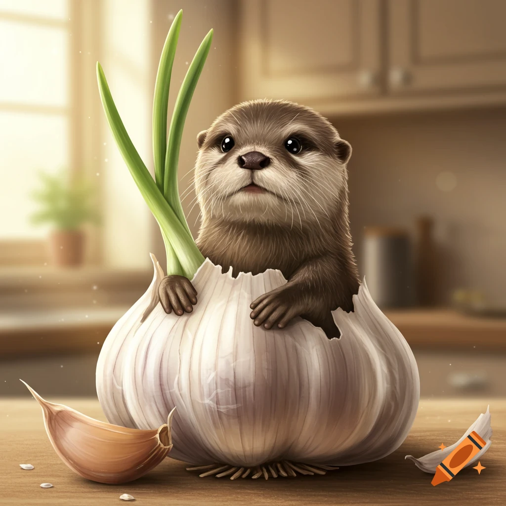 A cute otter peeks out of a large garlic bulb on a wooden kitchen counter, with garlic cloves nearby.