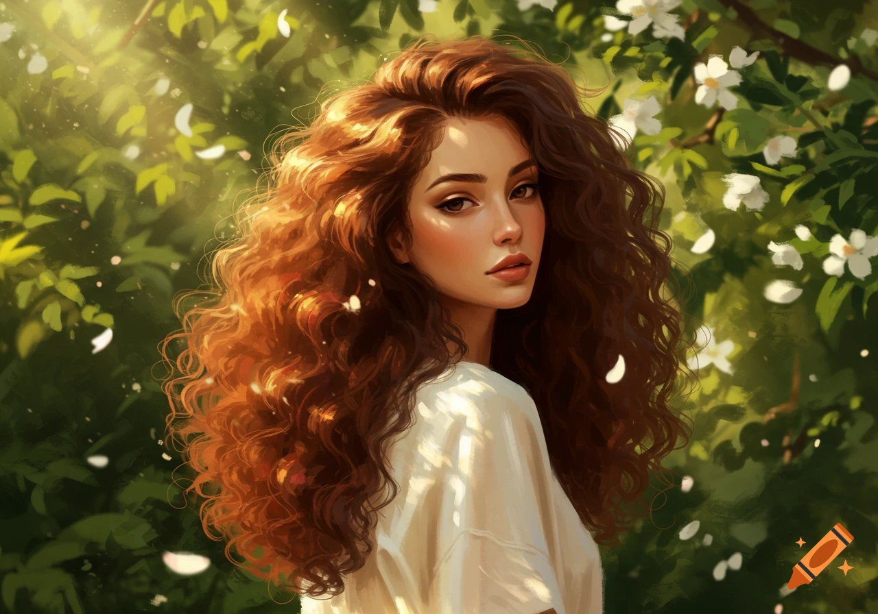 A captivating portrait of a woman with voluminous, glowing curly brown hair, looking over her shoulder amidst lush green foliage and white blossoms. Stylized.