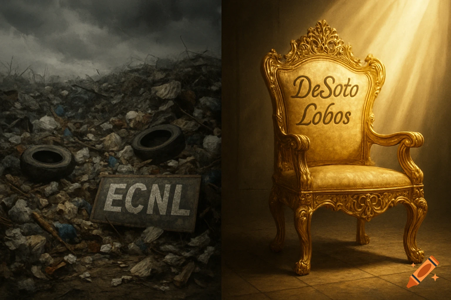 Split image of a desolate trash dump with 'ECNL' sign and a regal golden throne with 'DeSoto Lobos' text.