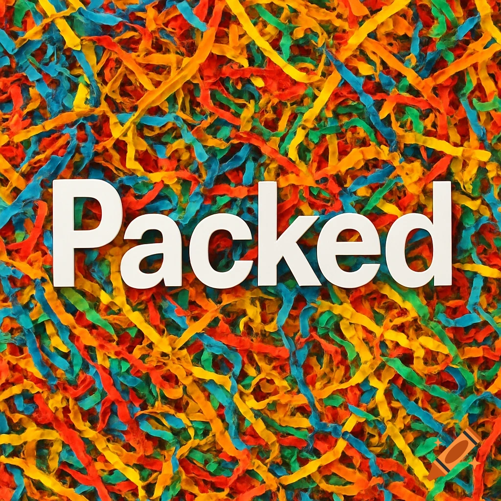 A white word "Packed" on a background of colorful shredded paper in red, orange, yellow, blue, and green.