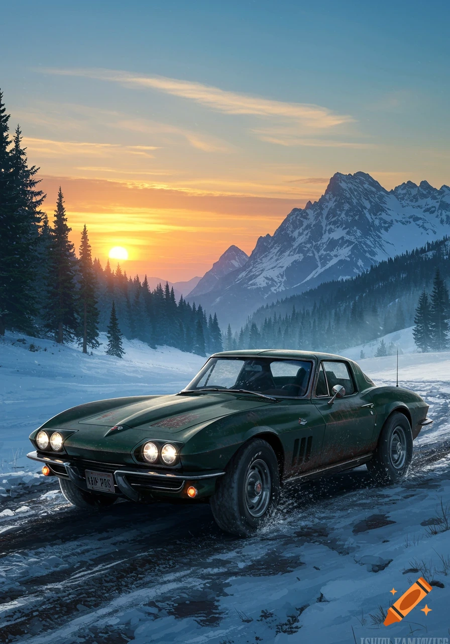 Dark green rusty Corvette coupe driving on a snowy mountain road at sunset, with pine trees and snow-capped mountains.