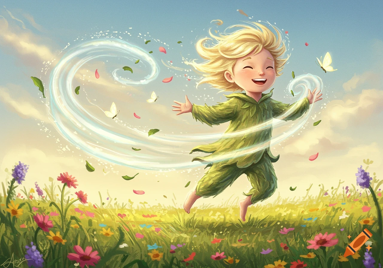 A cheerful child in a leafy green outfit dances in a field of colorful wildflowers, surrounded by a swirl of wind, leaves, and butterflies.