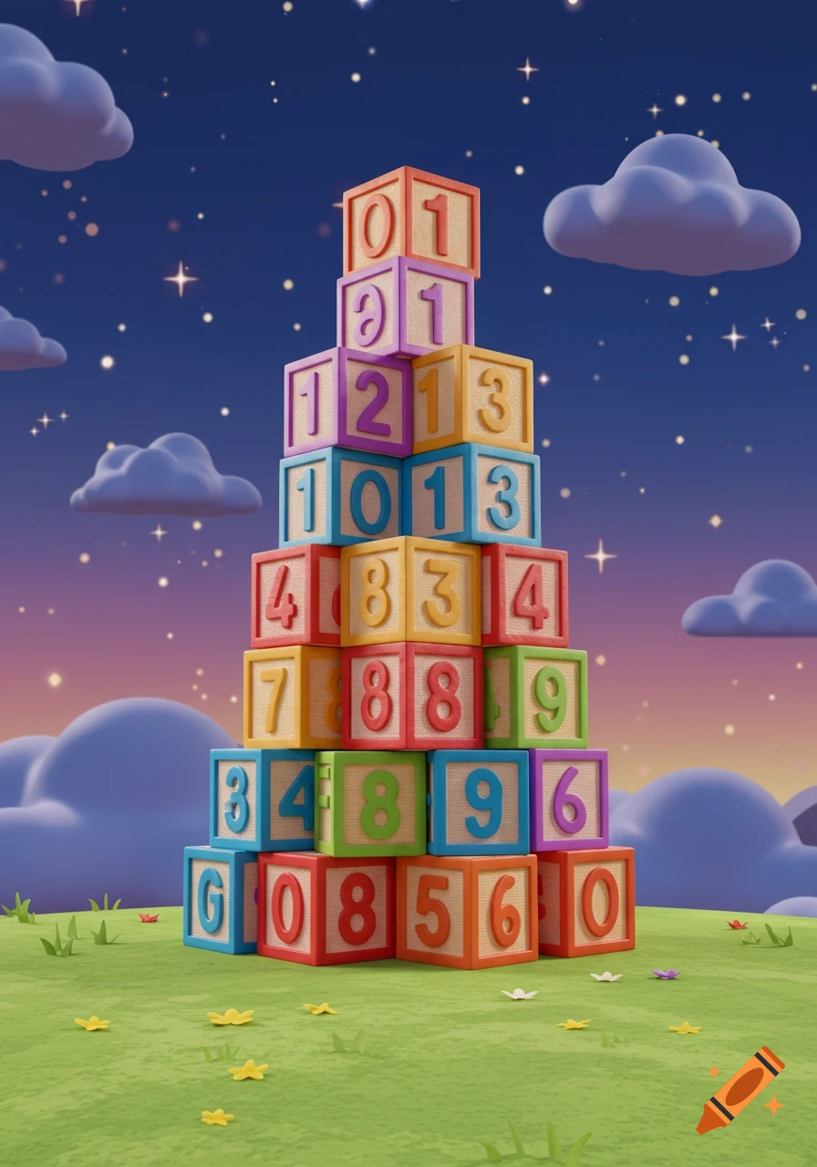 A tall stack of colorful number blocks on green grass with small flowers under a starry night sky with clouds.