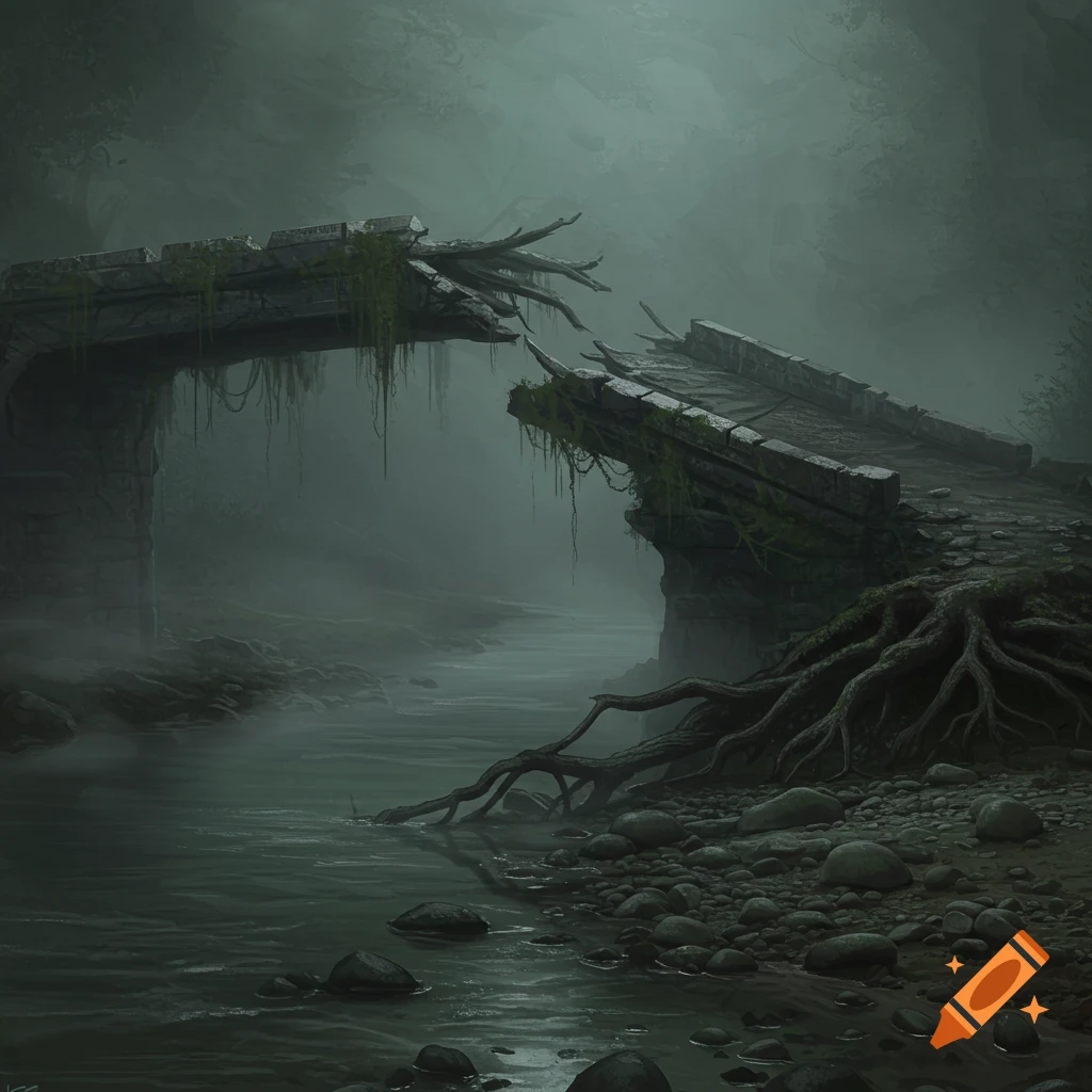 A broken, moss-covered stone bridge stretches across a dark, murky river in a misty, moonlit forest.