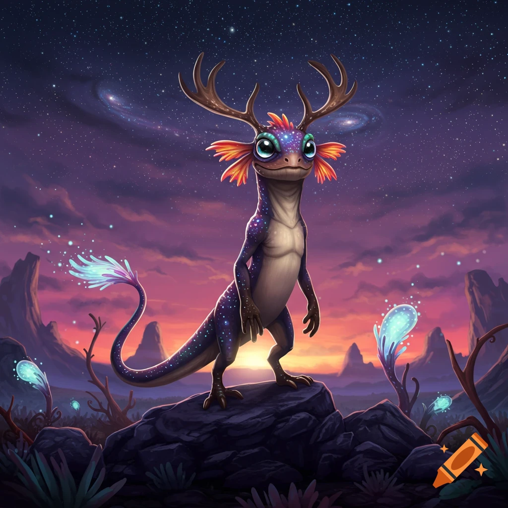 A blue-purple creature with antlers and feathery gills stands on a rock in an alien landscape under a starry, purple sky.