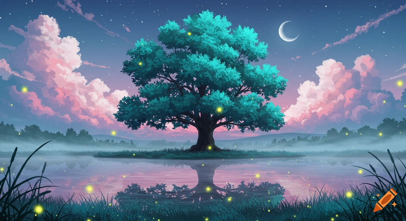 Vibrant anime-style night landscape with a teal tree by a lake, crescent moon, pink clouds, and glowing fireflies.