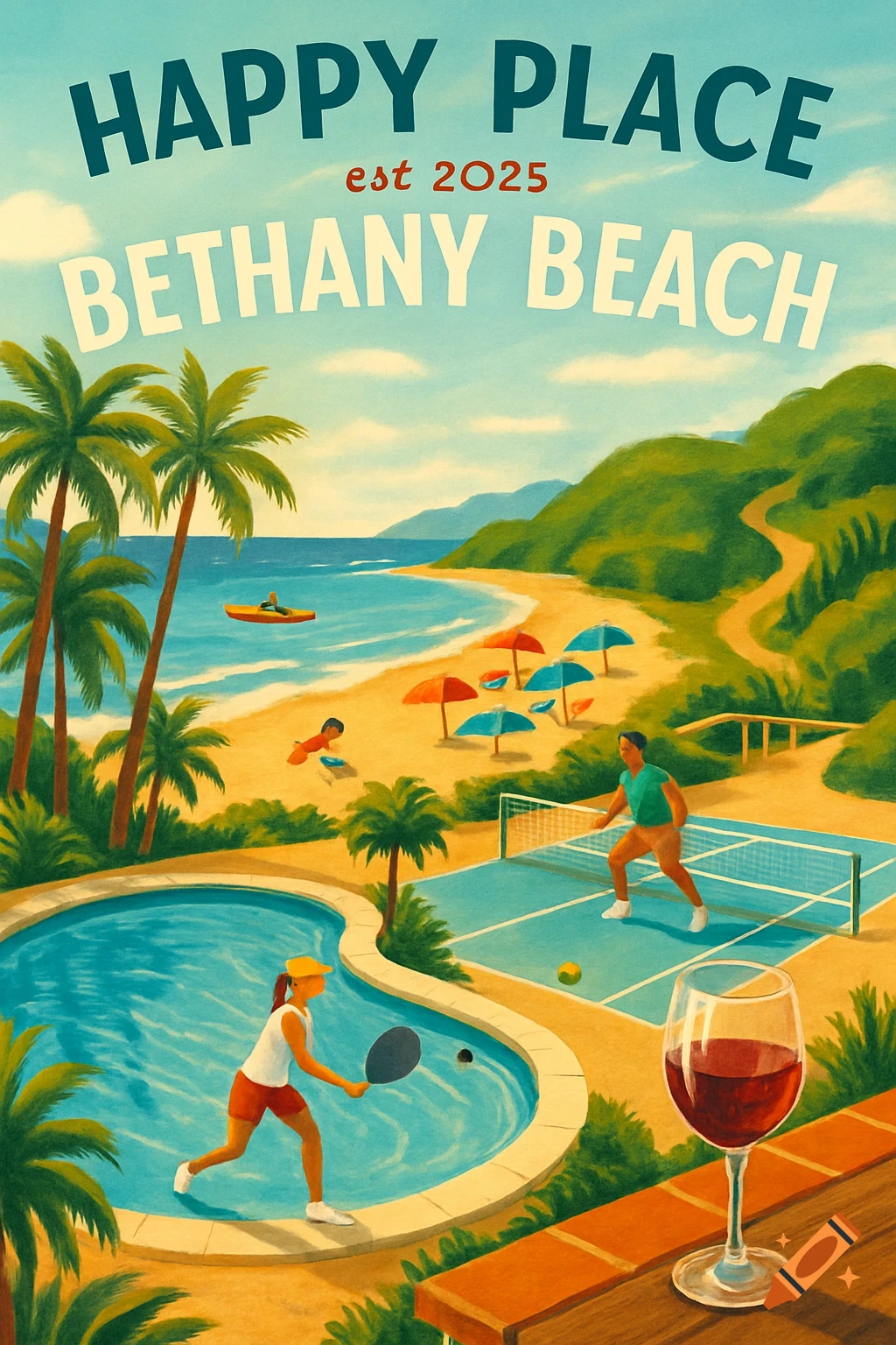 Vintage travel poster for 'Bethany Beach' with 'Happy Place est 2025' text. Shows a beach, pool, pickleball, and kayaking.