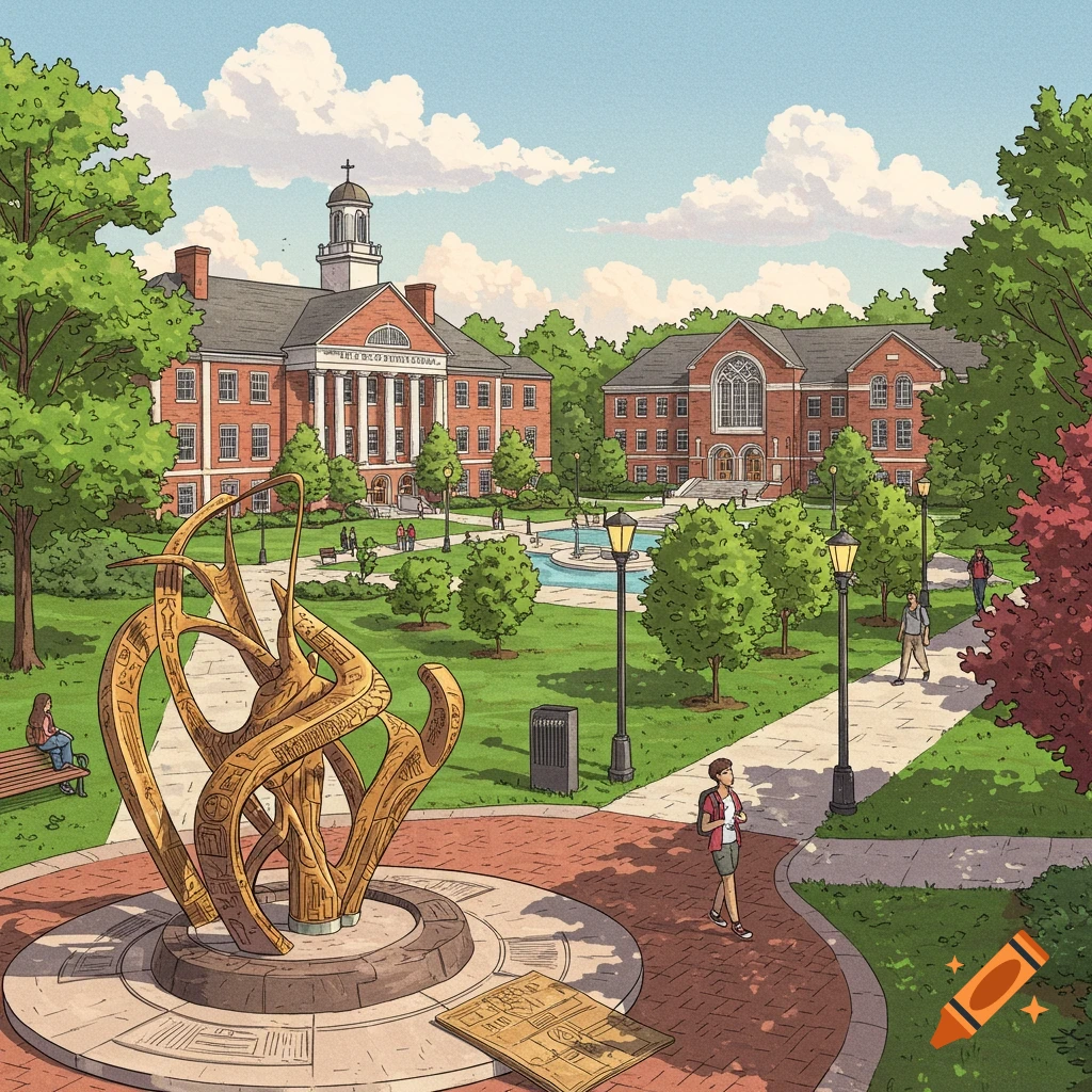 A detailed drawing of a university campus featuring a bronze sculpture, brick buildings, green lawns, a fountain, and students under a cloudy sky.