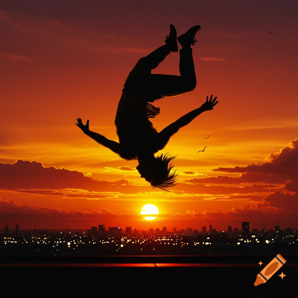 A silhouetted person performs a backflip against a vibrant orange and red sunset over a city skyline.