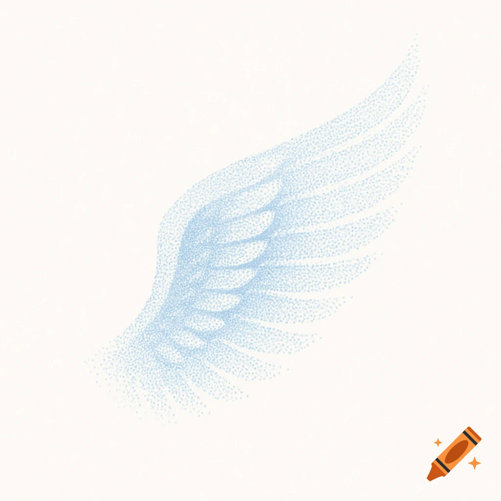 A minimalist abstract angel wing made of light blue digital particles on a plain white background.