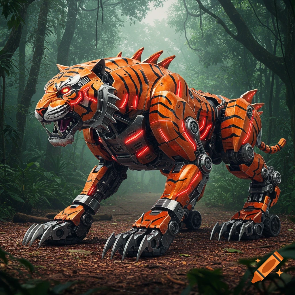 A large, fierce robotic tiger, orange and grey with glowing red accents, crouches on a jungle path.