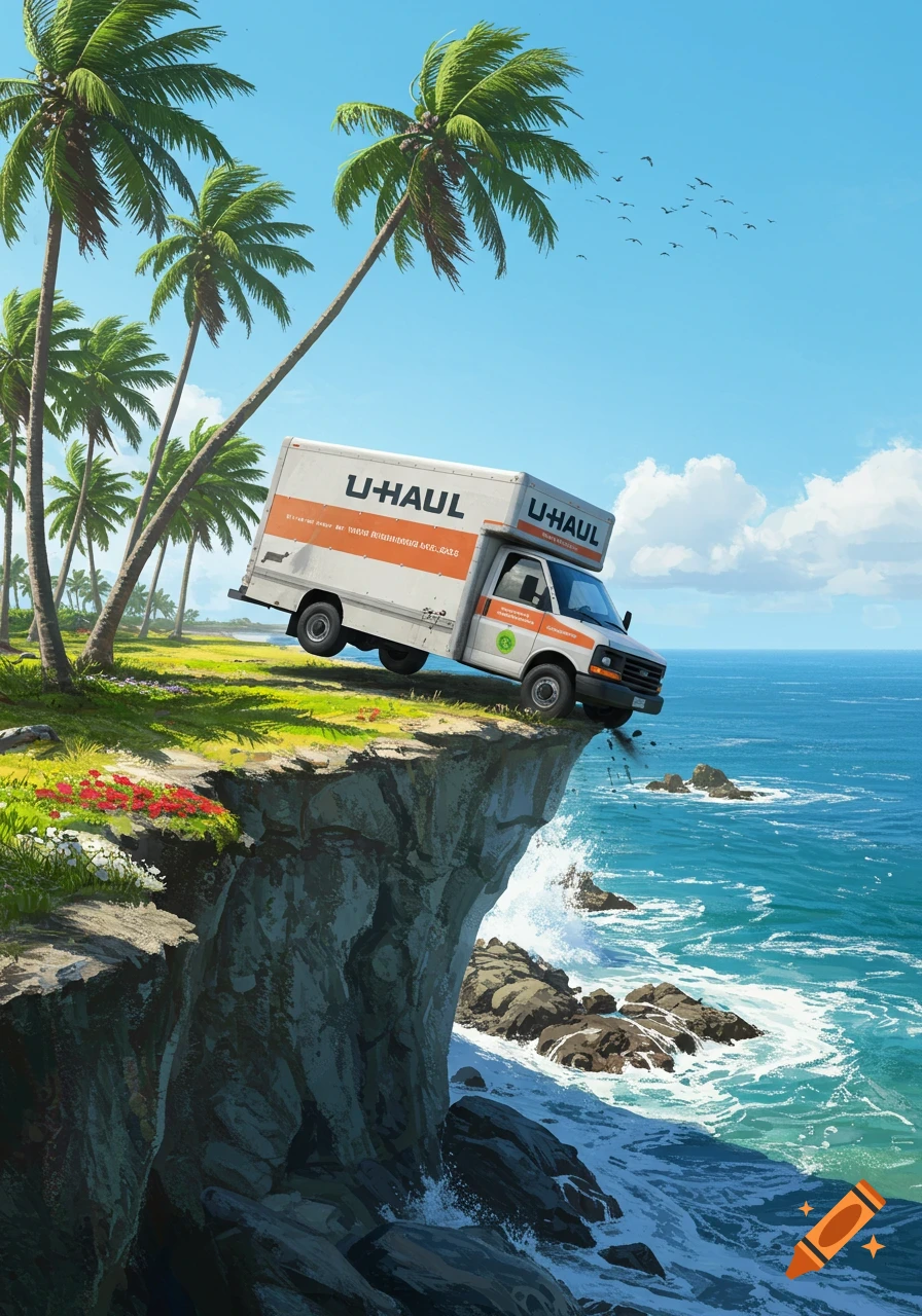 A white U-Haul truck teeters on the edge of a tropical cliff overlooking the blue ocean with palm trees, in an illustrated style.