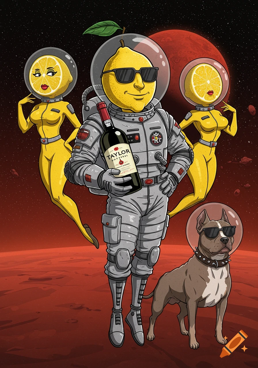 A cartoon lemon man in a space suit holding wine, flanked by two lemon women in suits, and a pitbull in a space suit, all on a red planet with stars.