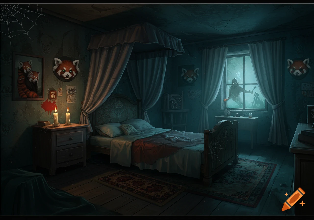 A dark, spooky haunted bedroom with a four-poster canopy bed, lit candles, and red panda decorations on the walls. A monstrous figure stares from outside the window.