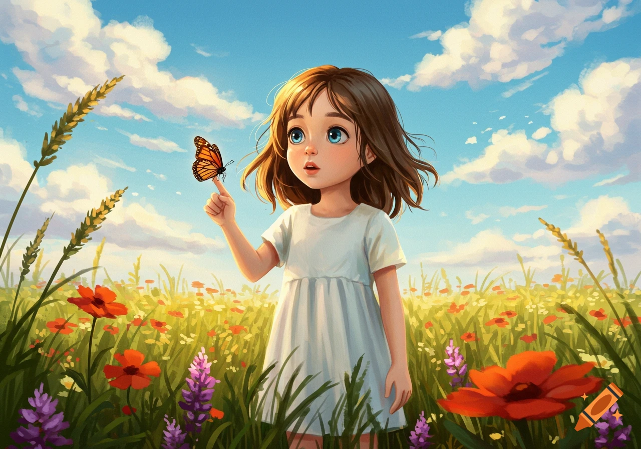 A whimsical illustration of a young girl in a white dress standing in a vibrant field of flowers, looking up at a butterfly resting on her finger under a blue sky.