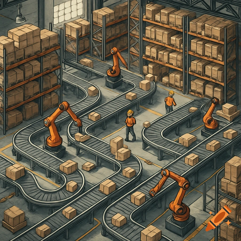 An isometric drawing of a bustling warehouse with conveyor belts, boxes, robotic arms, and human workers.