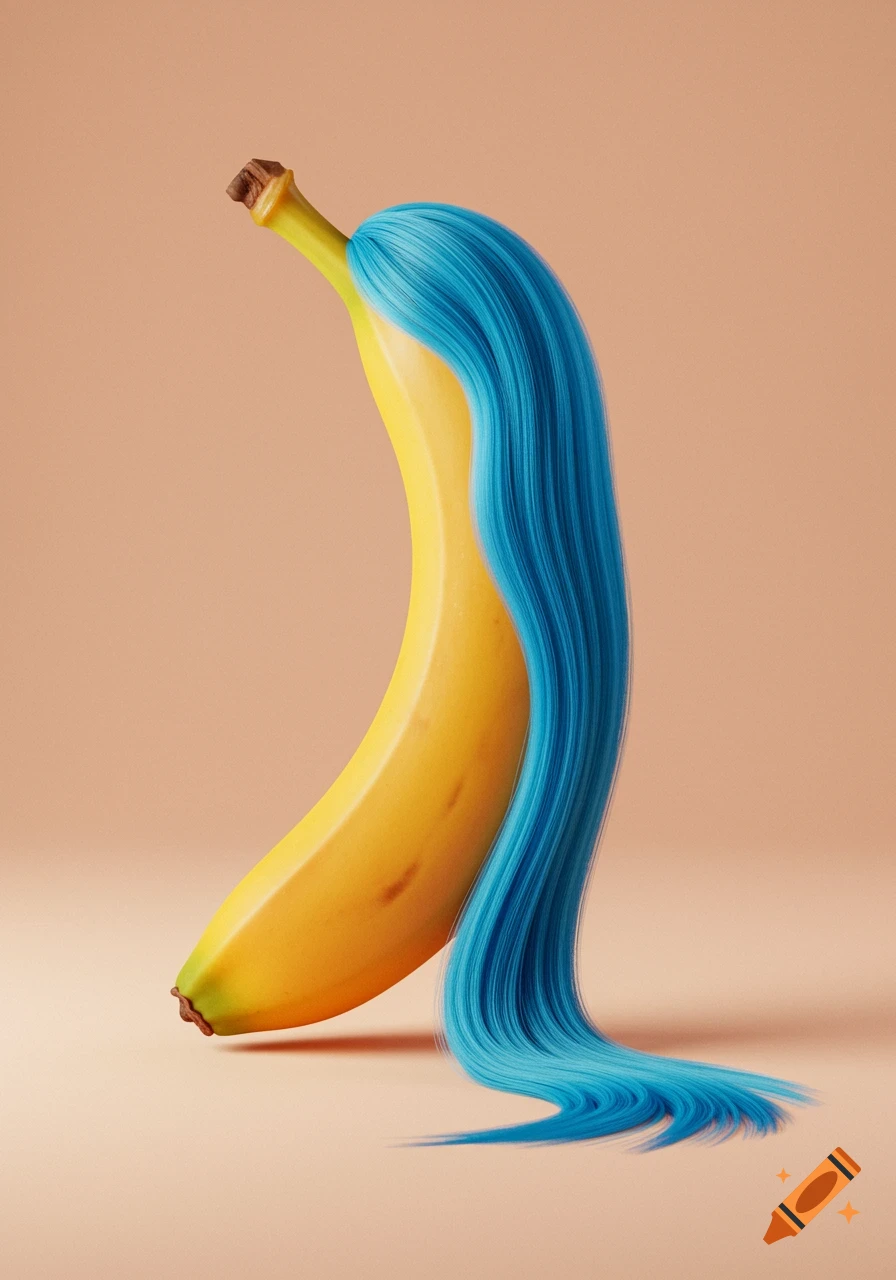 A photorealistic yellow banana with long blue hair against a light brown background.