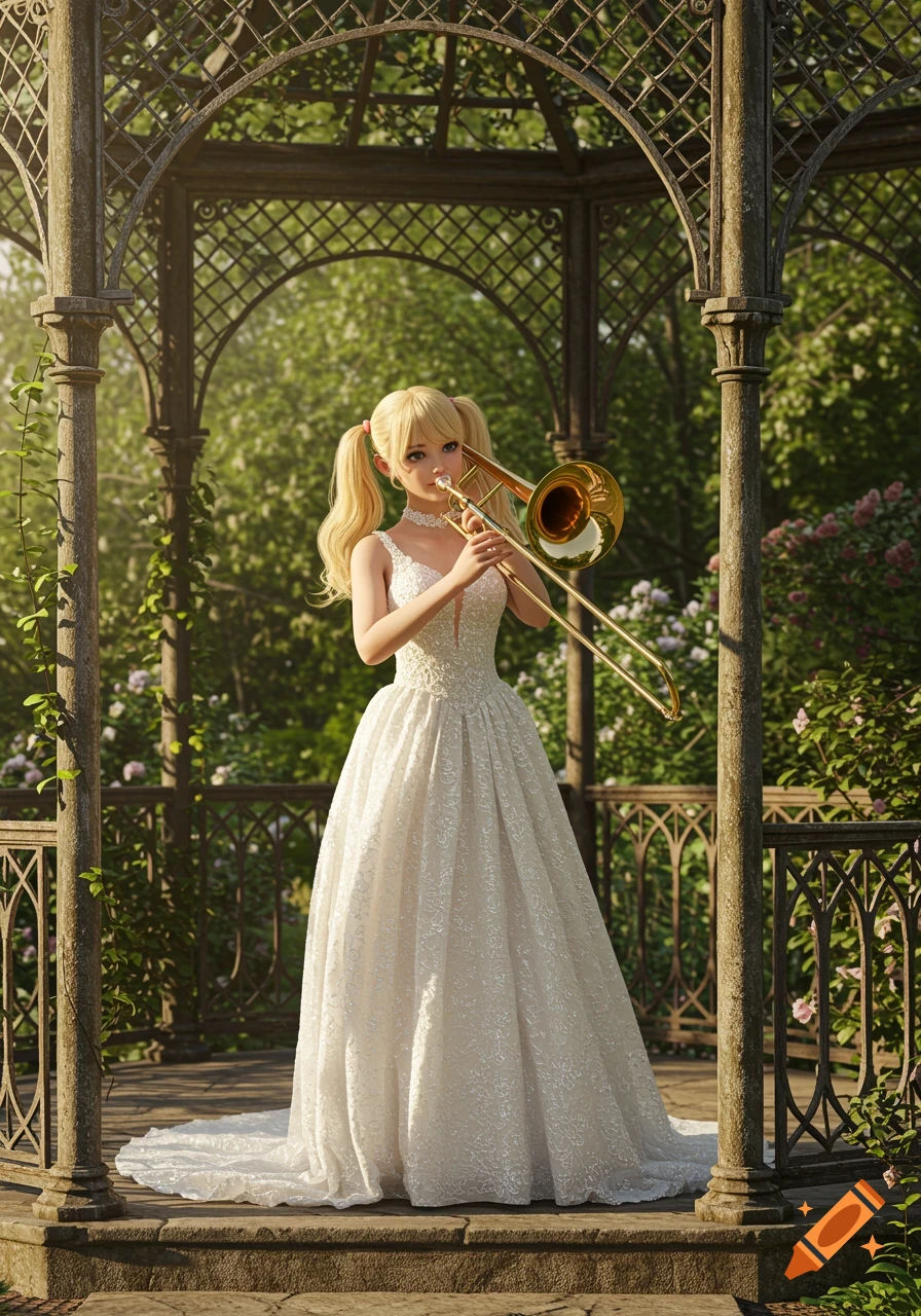A beautiful young female with blonde twintails in a white bridal dress plays a trombone in a garden bandstand.