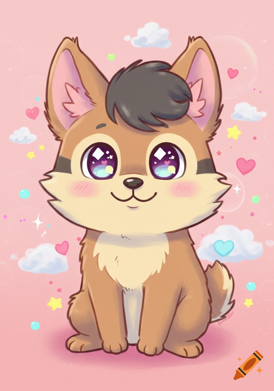 A cute, cartoon brown and cream dog character with large, sparkling eyes sitting against a pink background with hearts, stars, and clouds.