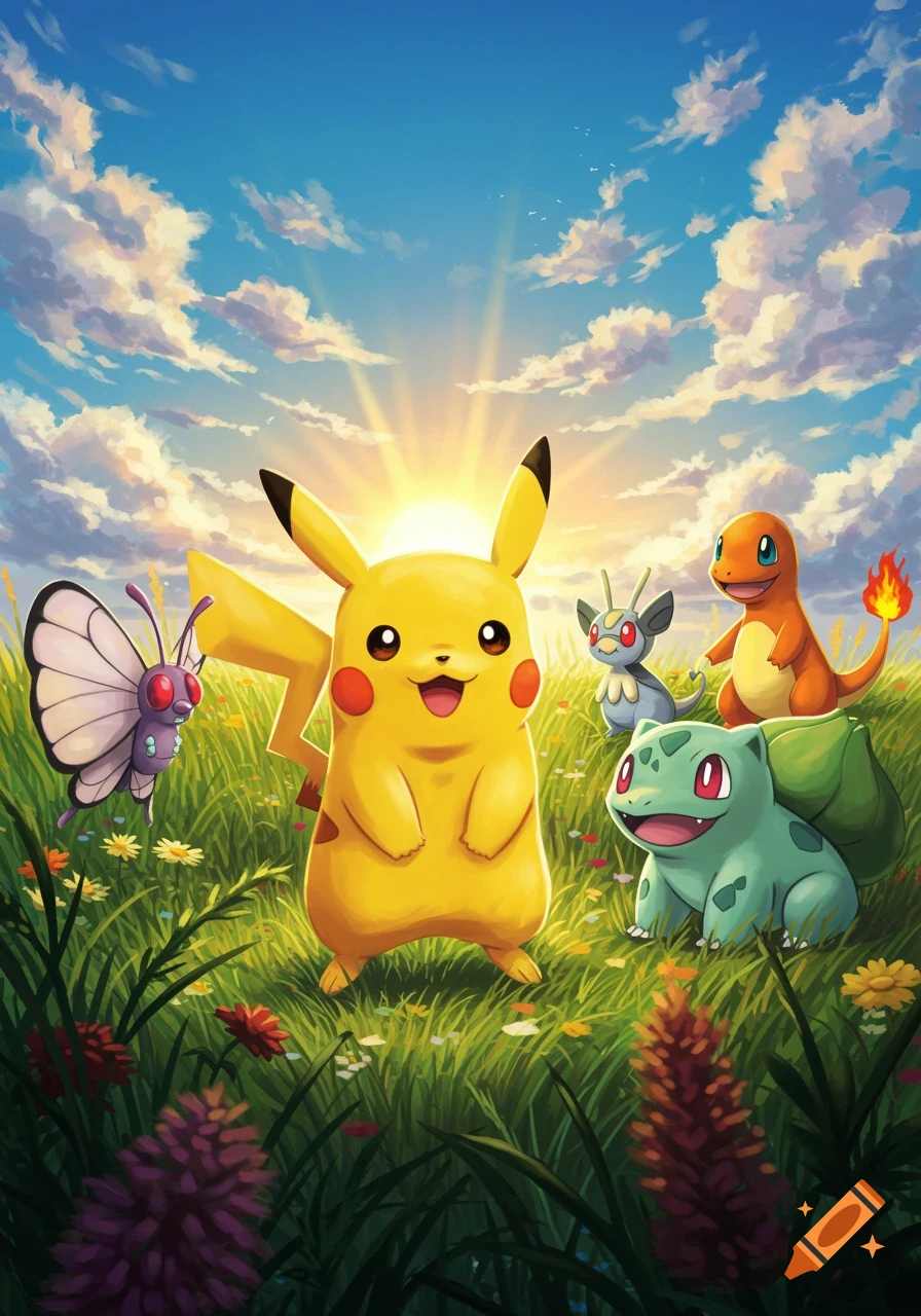 A group of cheerful Pok asmon including Pikachu, Charmander, and Bulbasaur stand in a vibrant green field under a sunny blue sky.