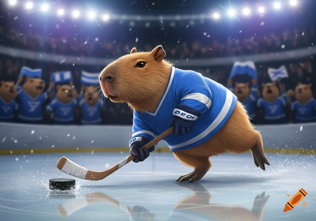 An adorable capybara in a blue hockey jersey and gloves holds a hockey stick on an ice rink, with spectators in the blurred background.