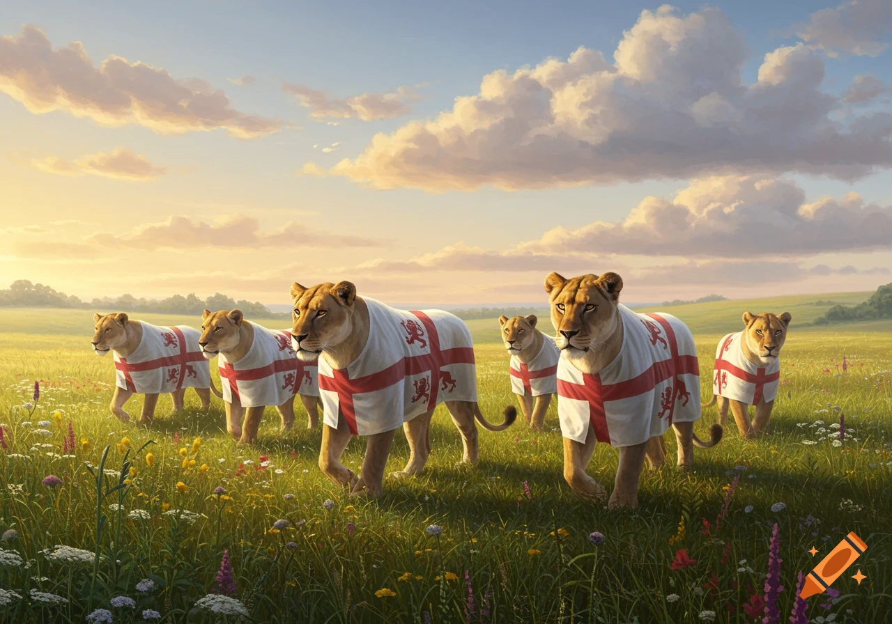 Six lionesses wearing England flag blankets walk across a sunny, wildflower-filled field under a cloudy sky.