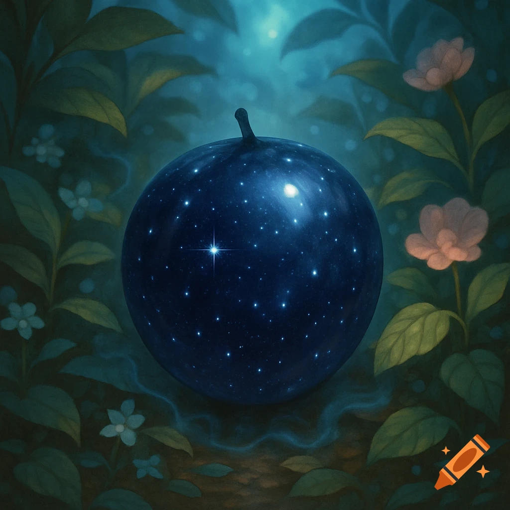 A dark blue, spherical 'Void Berry' with sparkling stars inside, resting in a magical forest clearing surrounded by glowing plants.