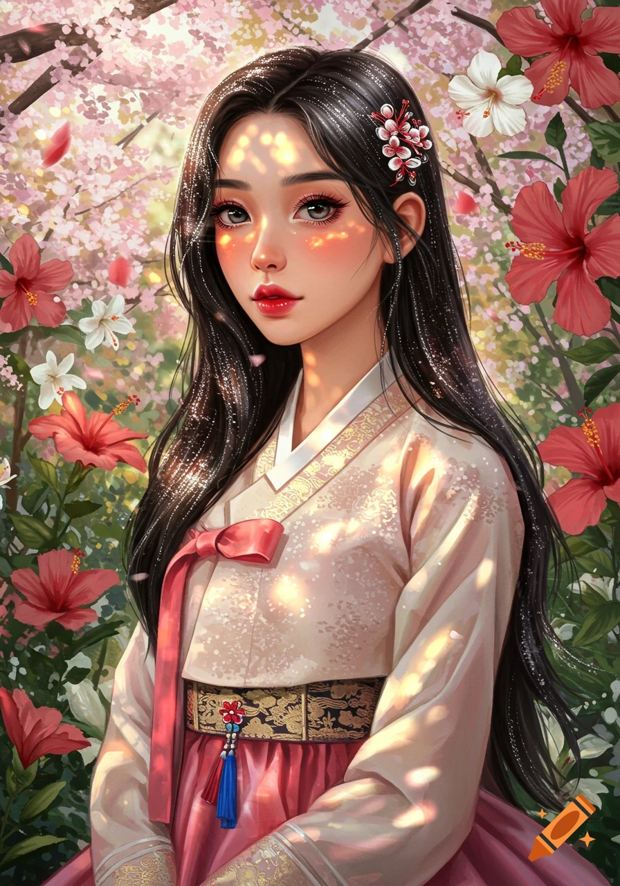 Anime illustration of a young woman in a traditional Korean hanbok, surrounded by pink cherry blossoms and red hibiscus flowers.