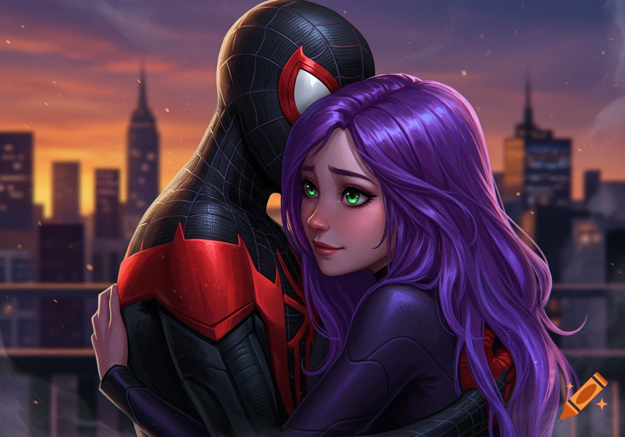 Miles Morales in Spider-Man suit hugs a girl with purple hair and green eyes, sunset city background, anime art style.
