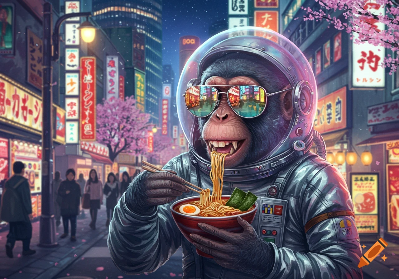A stylized image of a monkey in an astronaut suit and sunglasses eating ramen on a vibrant, neon-lit Tokyo street with cherry blossoms.