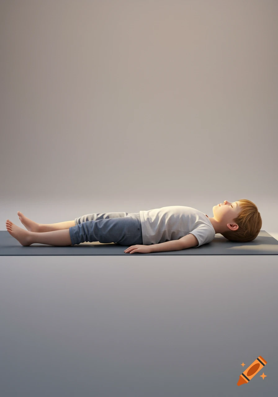 Photorealistic image of a young child lying peacefully on their back on a yoga mat with eyes closed.