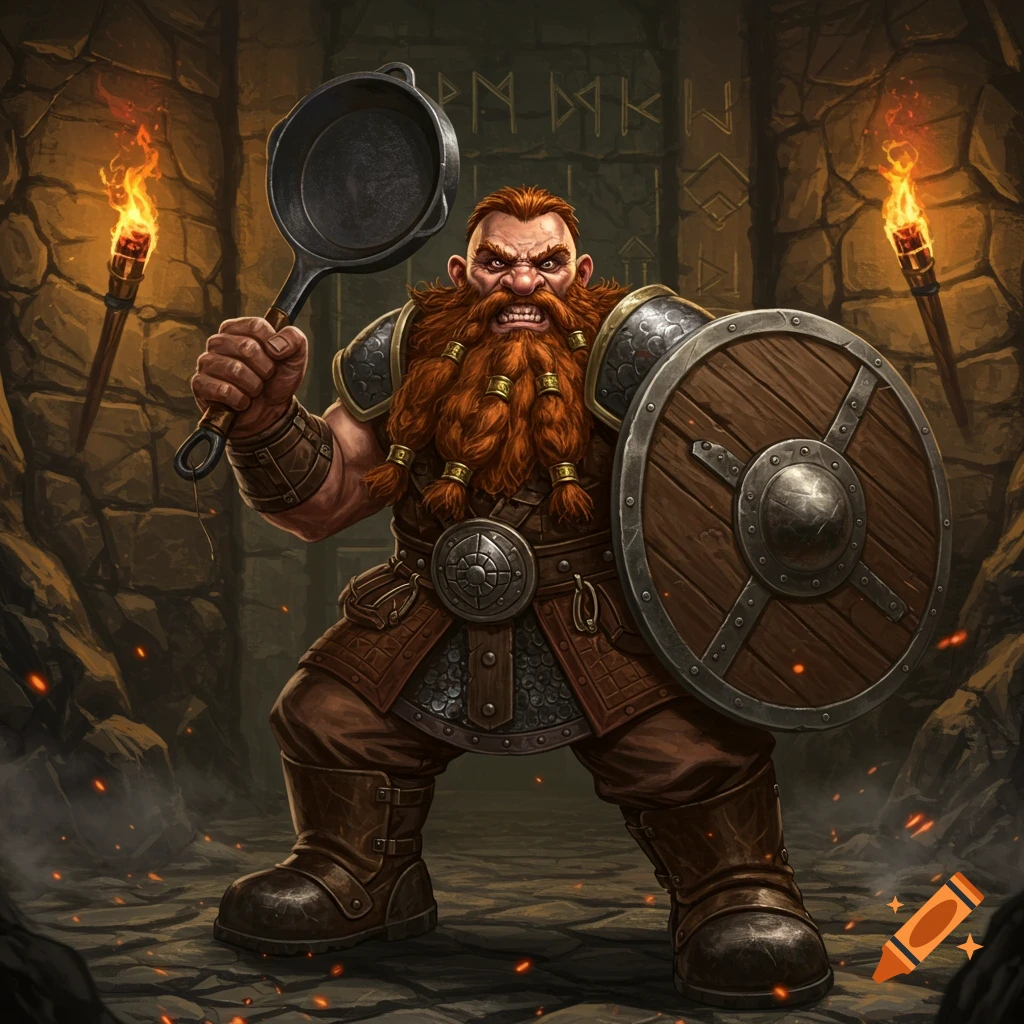 An angry bearded dwarf in armor wields a frying pan and shield in a torchlit stone dungeon.