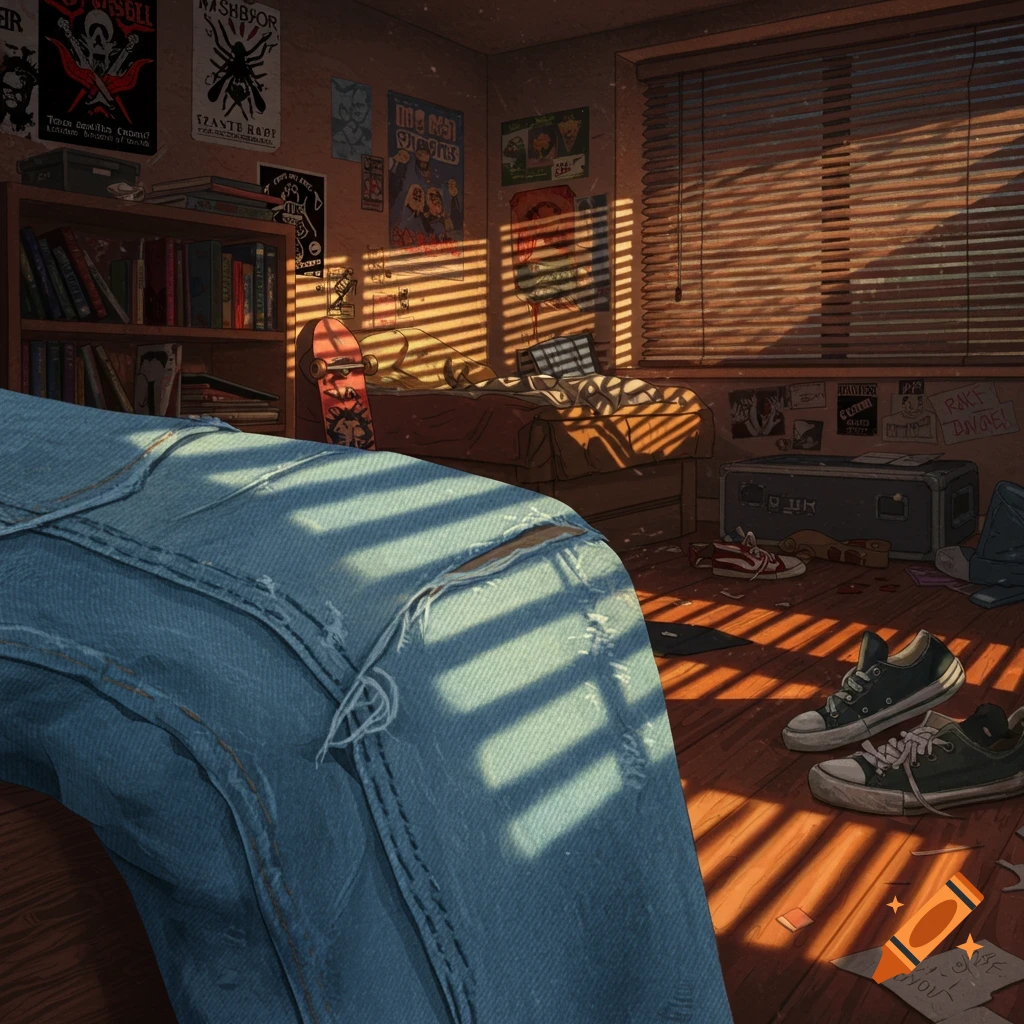 Close-up of ripped blue jeans with sunlight from blinds, in a messy teenage room with posters, a bed, and shoes. Illustrated style.
