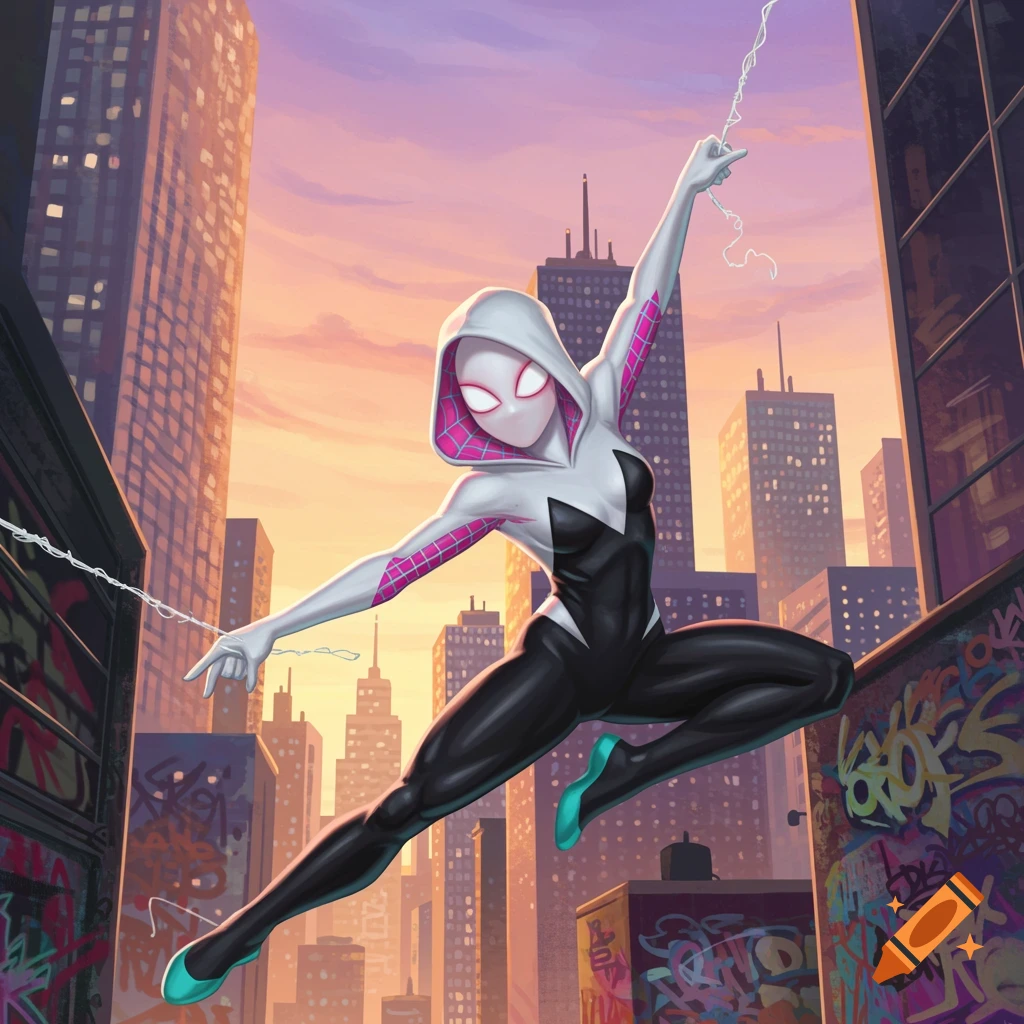Spider-Gwen in a dynamic leap, swinging through a city at sunset with buildings and graffiti-covered walls. Comic art style.