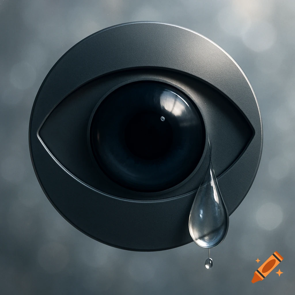 A realistic, metallic CBS eye logo with a tear drop falling from it, against a blurred background.