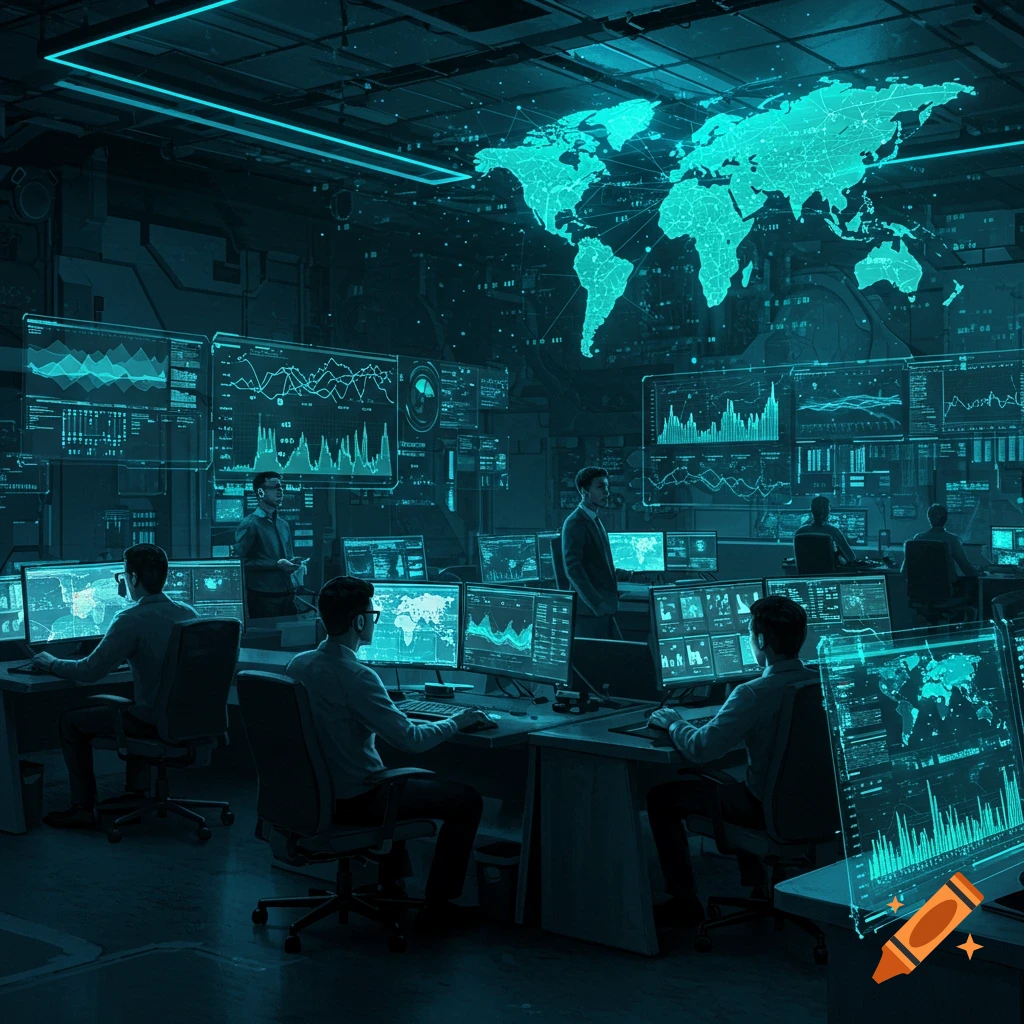 A photorealistic image of a futuristic control room with multiple people monitoring large screens displaying global maps and data charts.