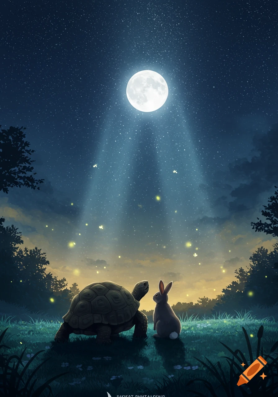 Whimsical illustration of a tortoise and rabbit gazing at a full moon in a starry night sky.