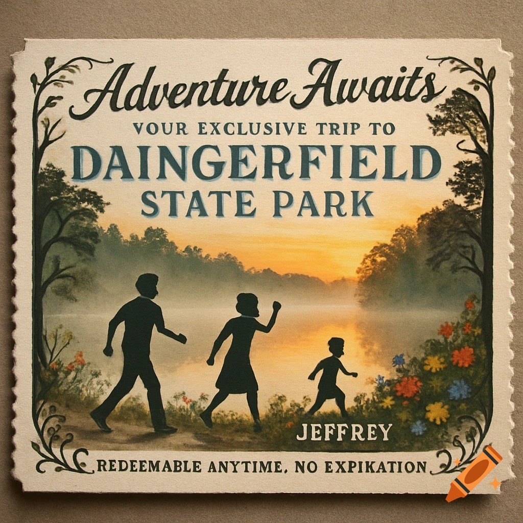 Vintage-style travel poster for Daingerfield State Park with silhouetted family walking by a lake at sunset, surrounded by trees and flowers.