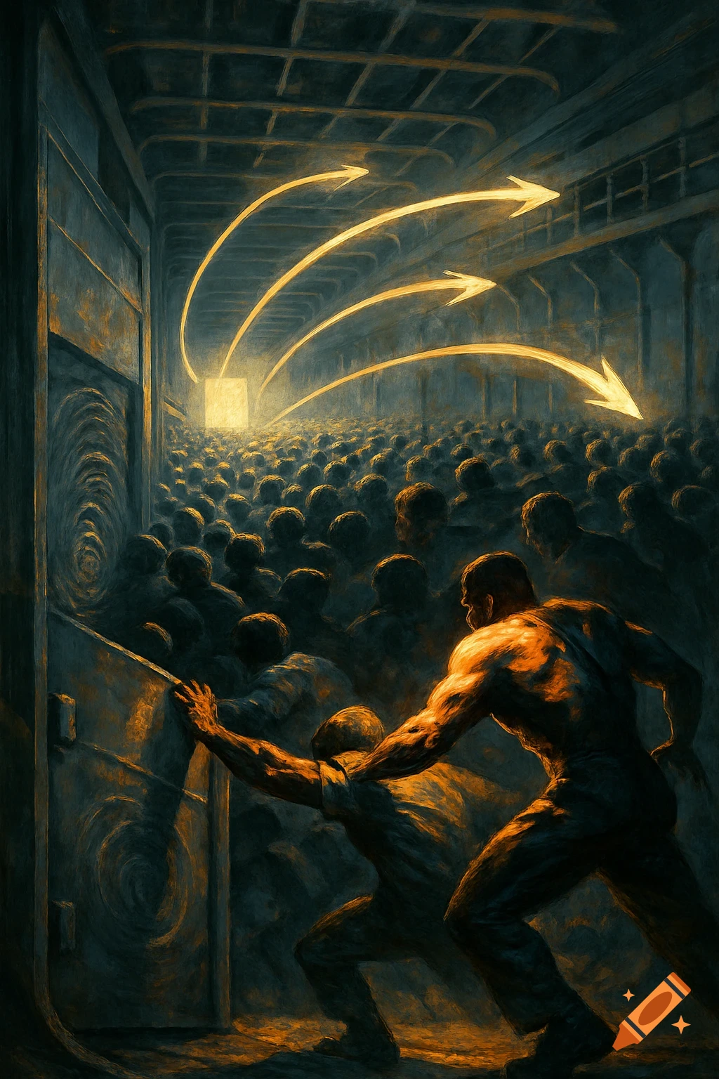 Painterly image of a dense crowd pushing through a dark corridor towards a bright exit, with golden arrows pointing the way.