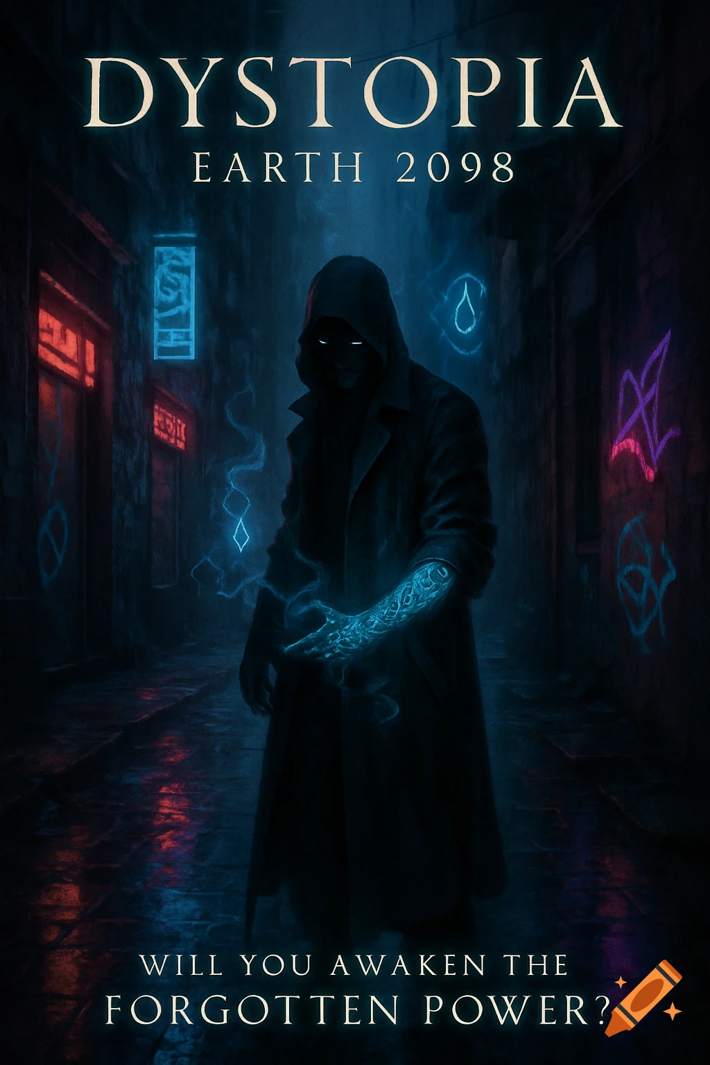 A hooded figure with glowing eyes and arcane symbols stands in a dark, neon-lit dystopian alley. Text: 'Dystopia Earth 2098' and 'Will You Awaken the Forgotten Power?'